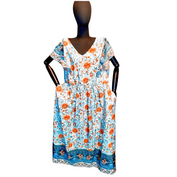 Plus Size 3X 22 24 Boho Bandana Print Ruffle Pocket Cap Sleeve Button Maxi Dress - Picture 2 of 6